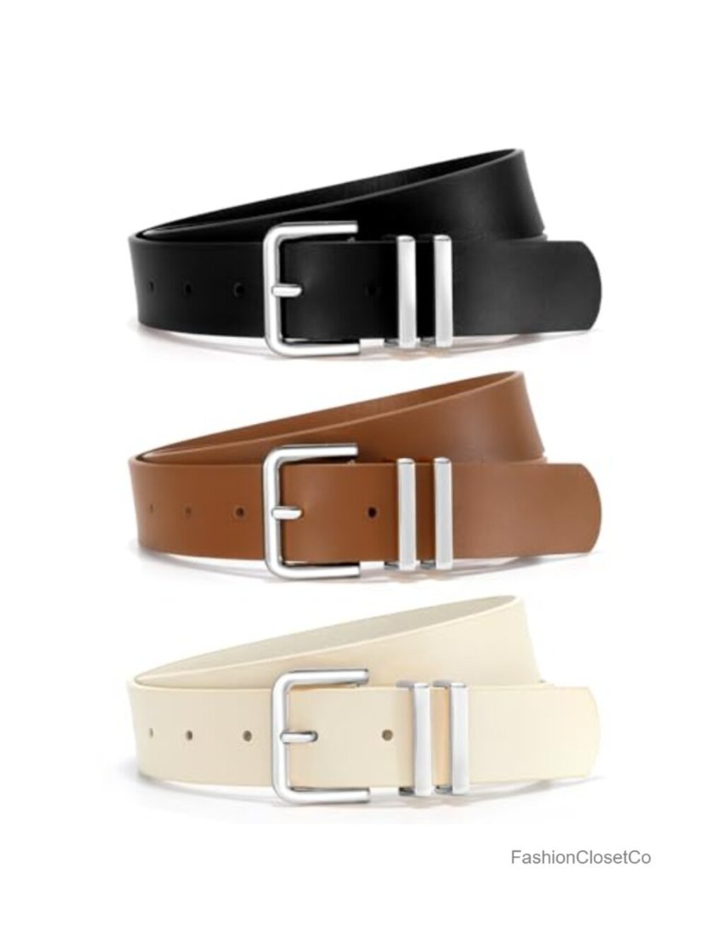 3 Pack Women Leather Belt Set Gold Silver Buckle 1.3 inch Waist Belts